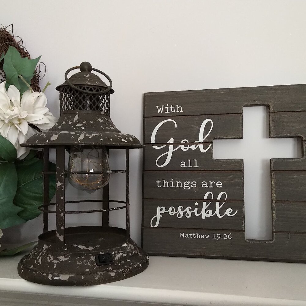 Rustic Matthew 19:26 sign Cross wooden Vintage